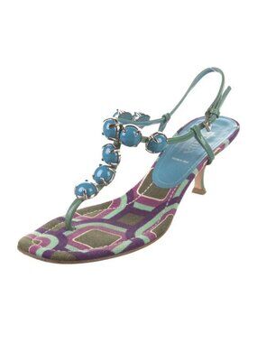 VTG PRADA Sandals T-Strap KITTEN HEEL MULES Pattern Jewel Accents Sz 40 US 9.5